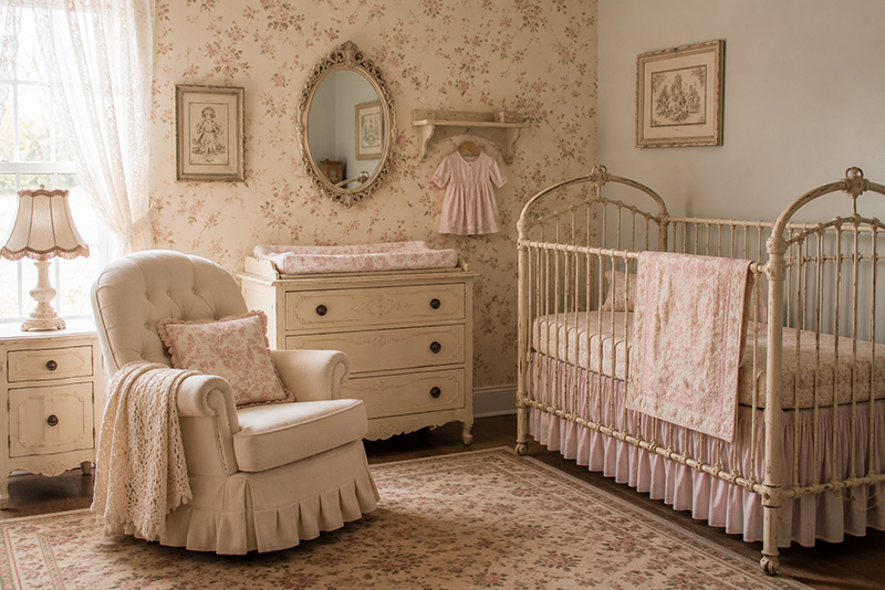 Vintage nursery themes with heirloom furniture, antique wall art, and collected baby room decor