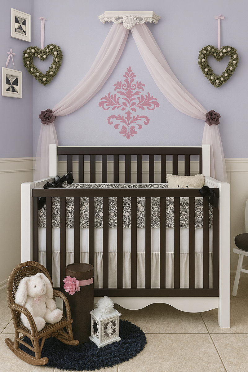 Vintage princess baby girl nursery with purple walls and classic crib