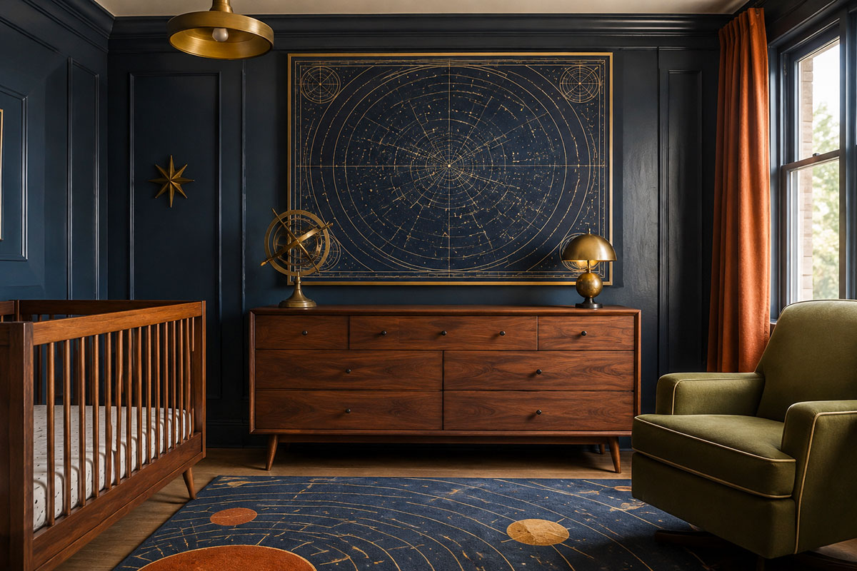 Vintage space nursery with an antique style star chart, walnut dresser, dark blue wall and brass celestial details