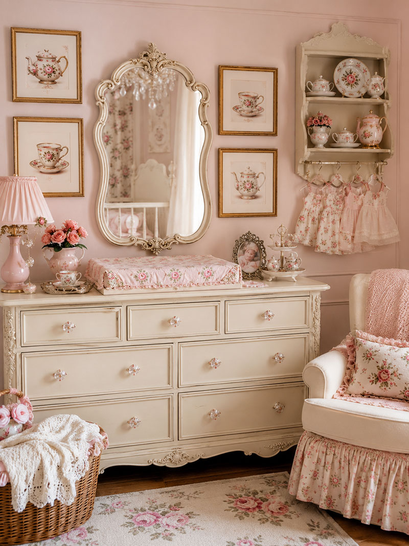 Vintage tea party nursery dresser with framed teacup art, scalloped mirror, china inspired colors and nursery storage baskets