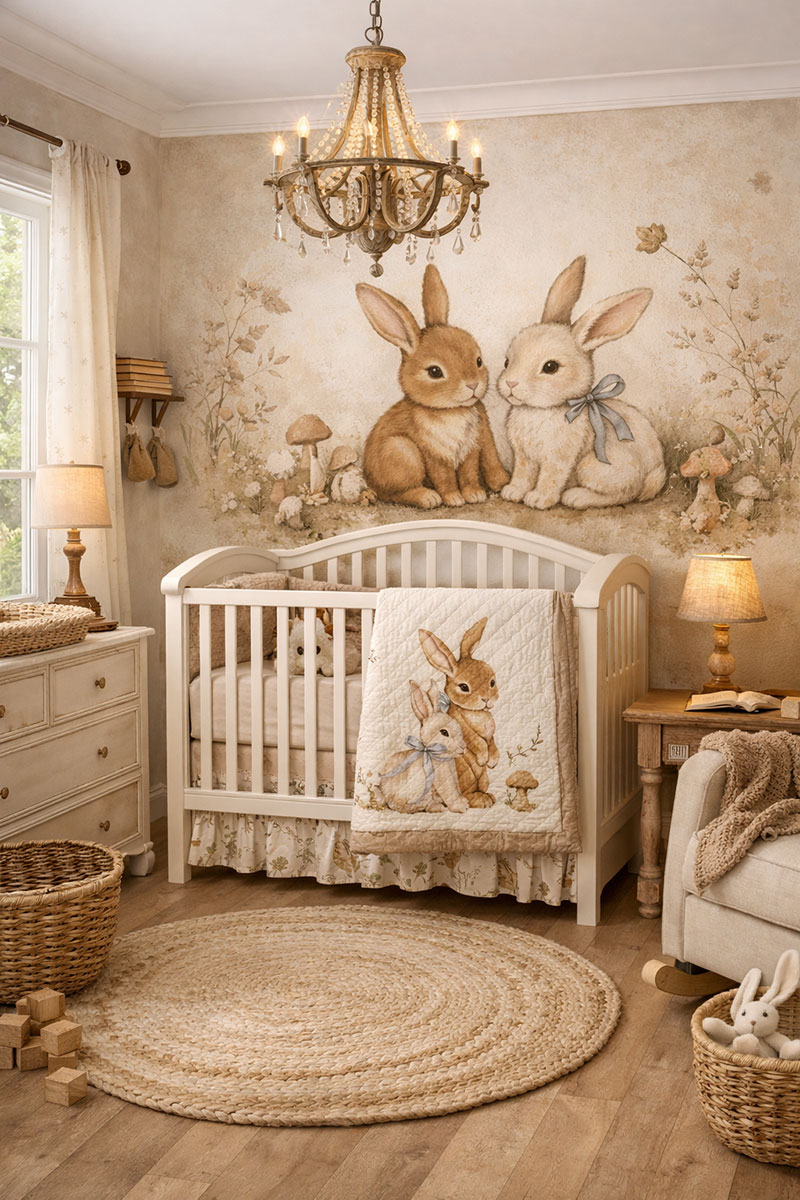 Vintage woodland bunny nursery theme with neutral tones, illustrated rabbits, and classic nursery furnishings