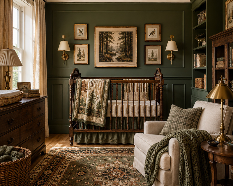 Vintage woodland nursery with olive tones, walnut wood furniture, framed forest artwork, and layered antique details