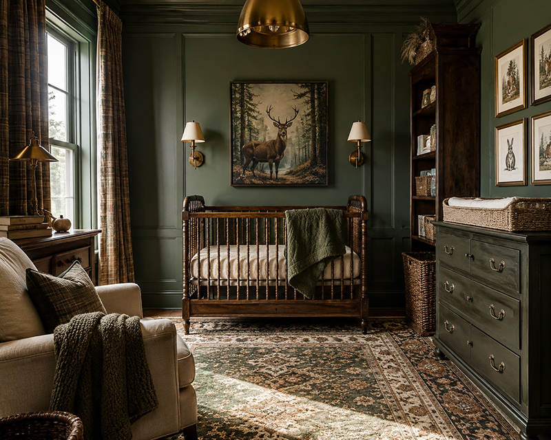 Vintage woodland nursery decor with antique-style furniture, forest artwork, and cozy woodland details