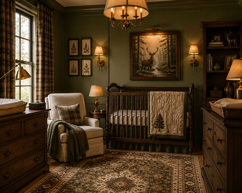 Vintage woodland nursery lighting with brass fixtures, framed artwork, and layered nursery design