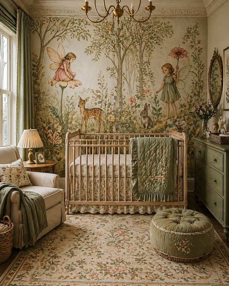 Vintage flower fairies woodland animals nursery wallpaper with a deeper forest pattern and classic crib wall styling