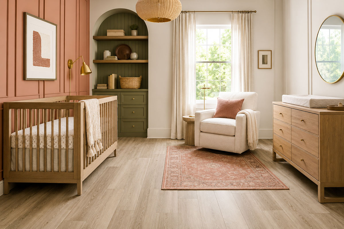 Modern baby nursery with clearly visible luxury vinyl plank flooring, a painted crib and a small low-pile rug