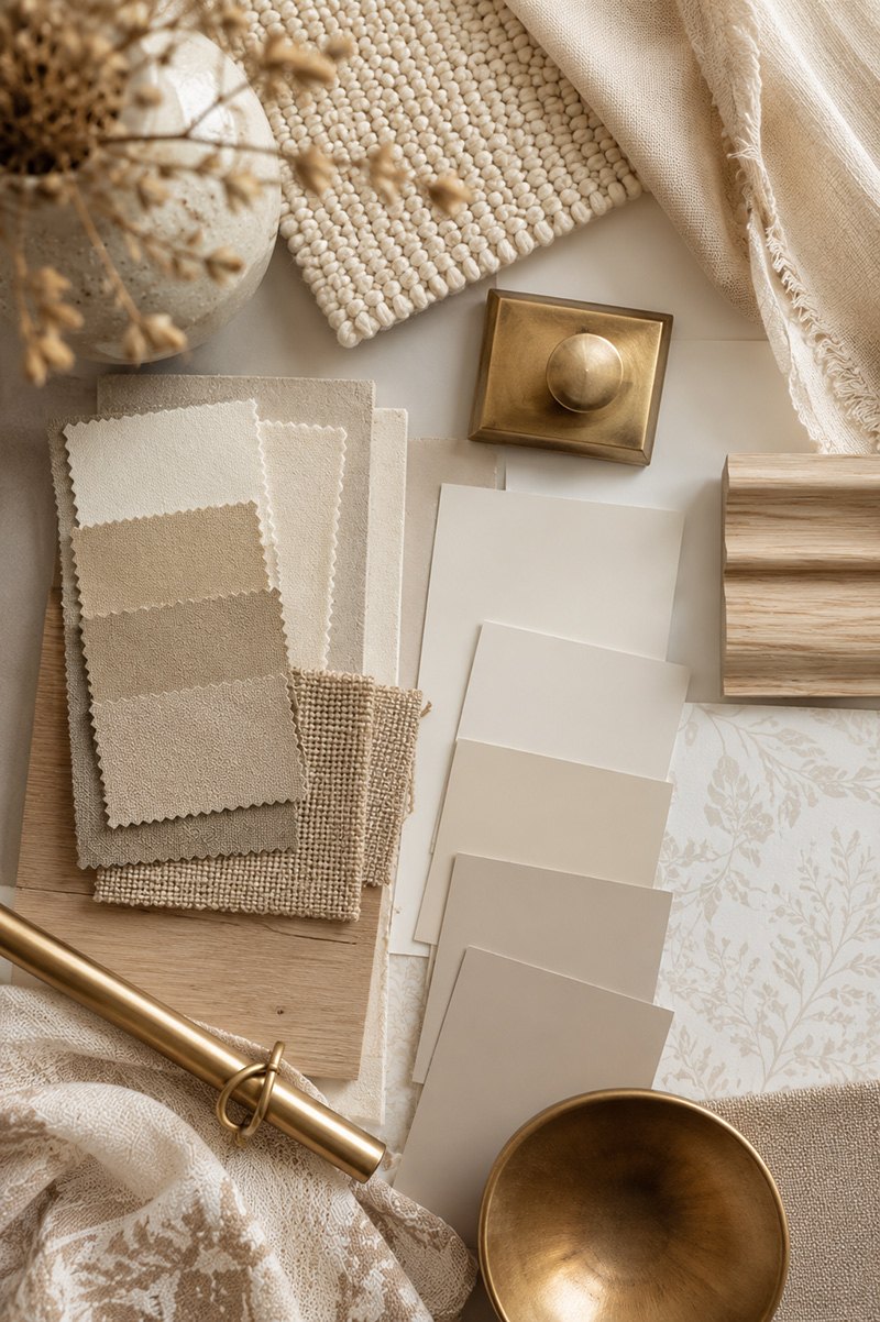 Editorial nursery palette board with warm beige paint swatches, cream fabric, taupe trim samples, and light wood tones
