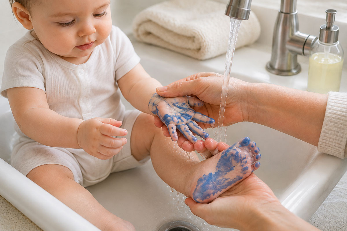 Adult gently cleaning washable paint from a baby’s foot with a soft damp cloth beside a finished footprint keepsake