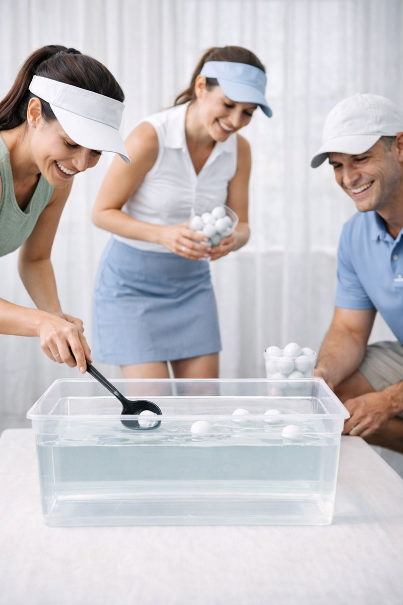 Golf baby shower water hazard game with container of water and floating golf balls