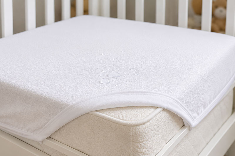 Waterproof crib mattress protector fitted smoothly over a crib mattress