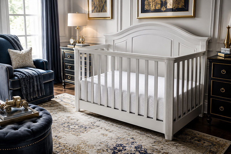 Waterproof crib mattress in a modern nursery with fitted sheet removed for leak protection comparison