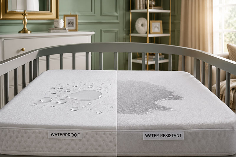 Waterproof crib mattress surface in a modern nursery after the fitted sheet was removed
