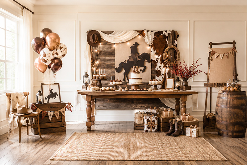 Western cowboy baby shower ideas with rustic decorations, food, games, favors and dessert table inspiration