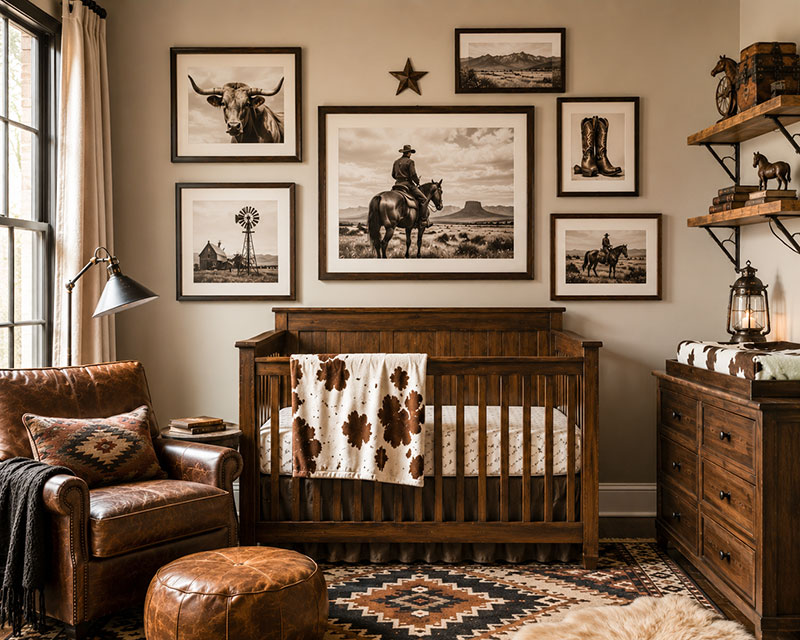 Western gallery wall arranged above nursery furniture