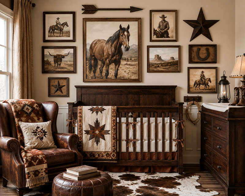 Western nursery gallery wall with horse prints and ranch inspired artwork