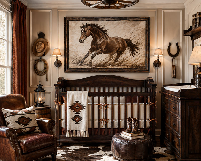 Western nursery wall decor with horse artwork above a baby room dresser