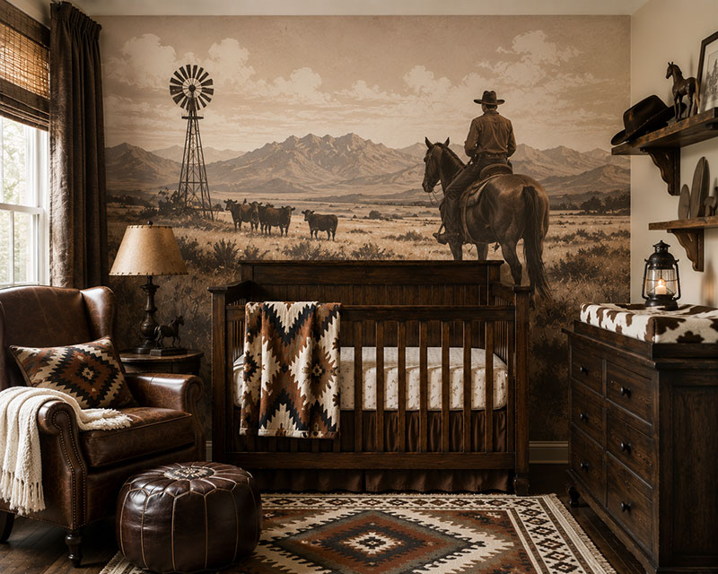 Western nursery mural featuring ranch landscape imagery