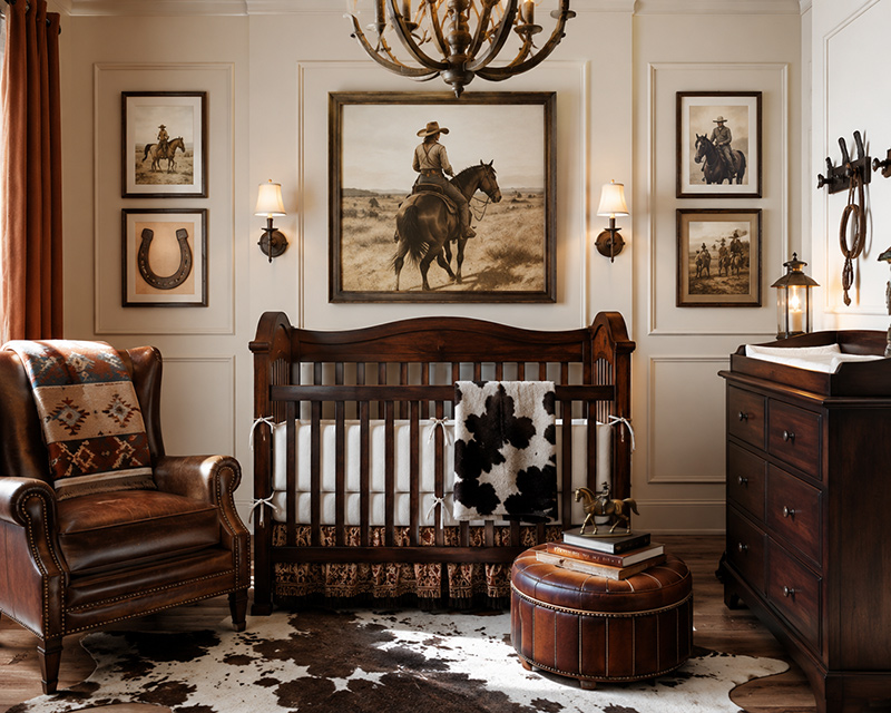 Western nursery wall decor with cowboy art, ranch signs, horse prints, and warm baby room details