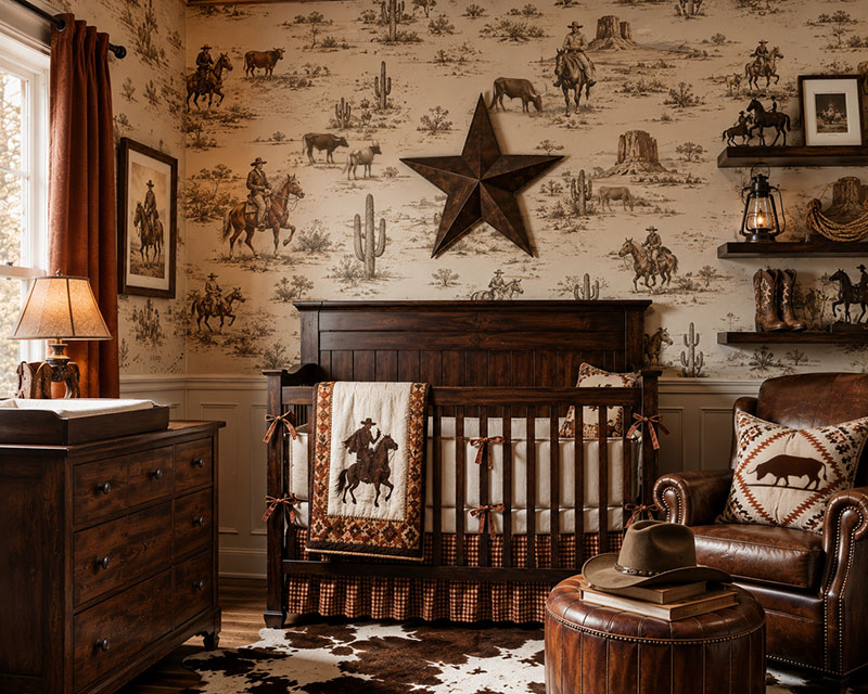 Western nursery wallpaper accent wall with framed cowboy artwork
