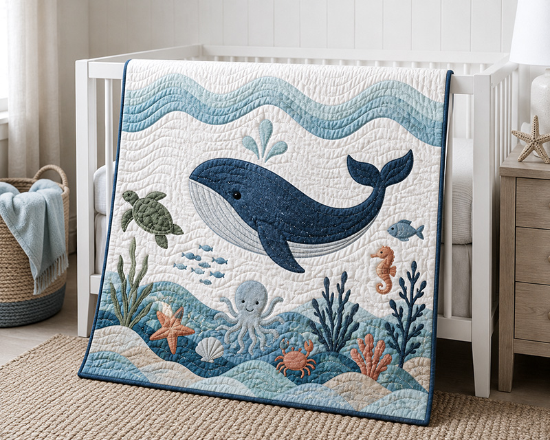 Whale and under the sea creatures crib quilt pattern displayed in an ocean themed nursery
