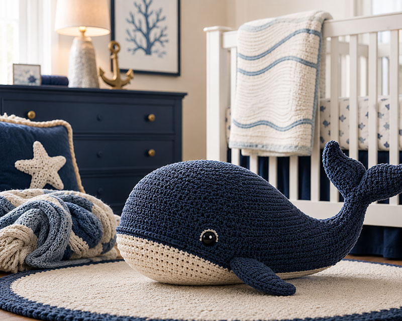 Whale crochet nursery decor displayed beside ocean quilt patterns