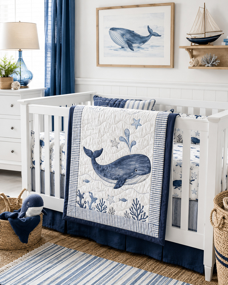 Whale nautical crib bedding in modern coastal nursery