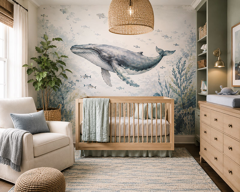 whale wallpaper in a coastal nursery with ocean inspired room decor