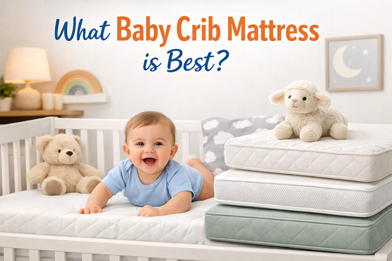 Firm crib mattress fitted snugly inside a standard baby crib with neutral nursery styling
