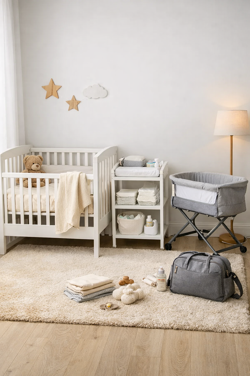 Minimalist newborn nursery setup showing only essential baby items needed before birth