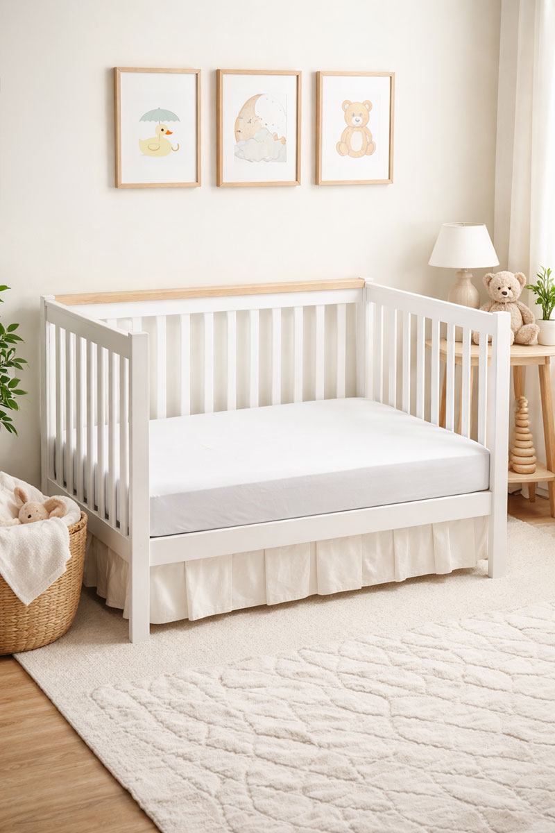 Empty baby crib with fitted mattress and neutral nursery setting