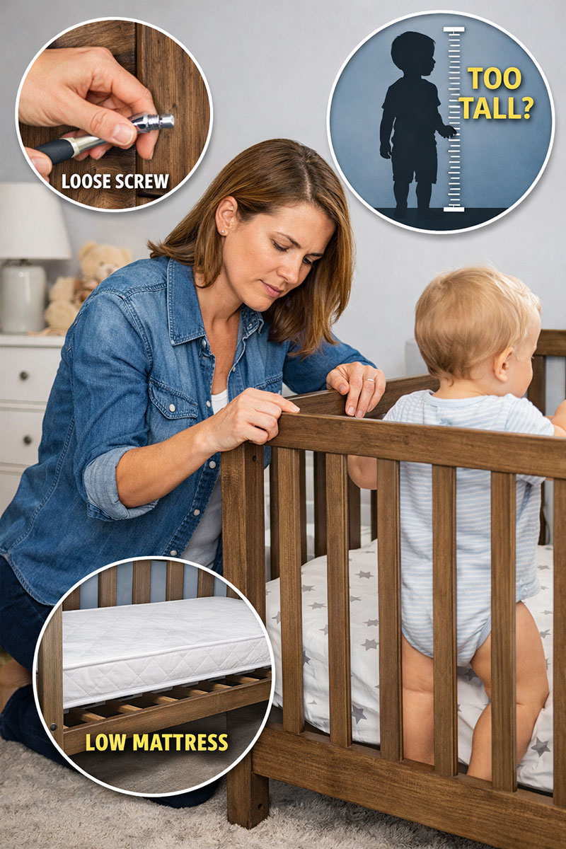 Parent inspecting crib for safety issues including loose hardware, lowered mattress setting, and height limit concerns