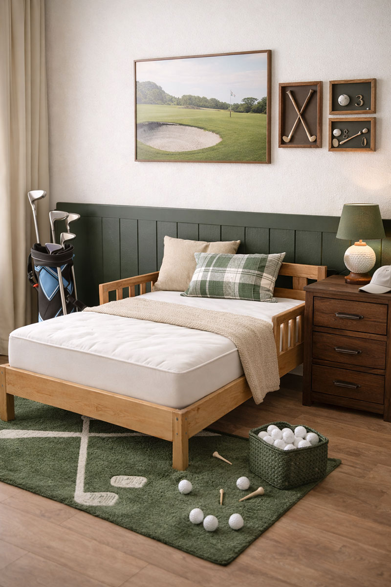 Close view of a clean toddler bed mattress in a modern neutral room