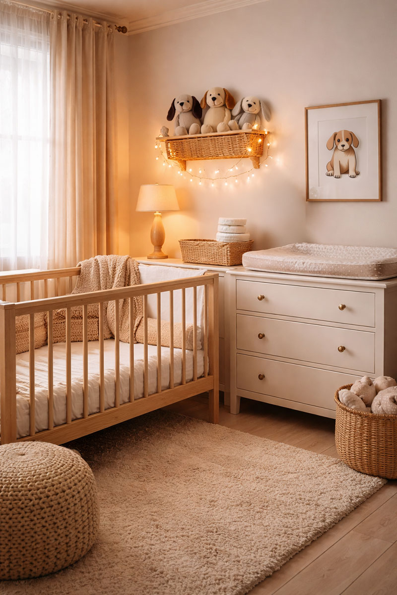Calm neutral baby nursery showing a crib, dresser, and soft lighting to illustrate when to set up a nursery