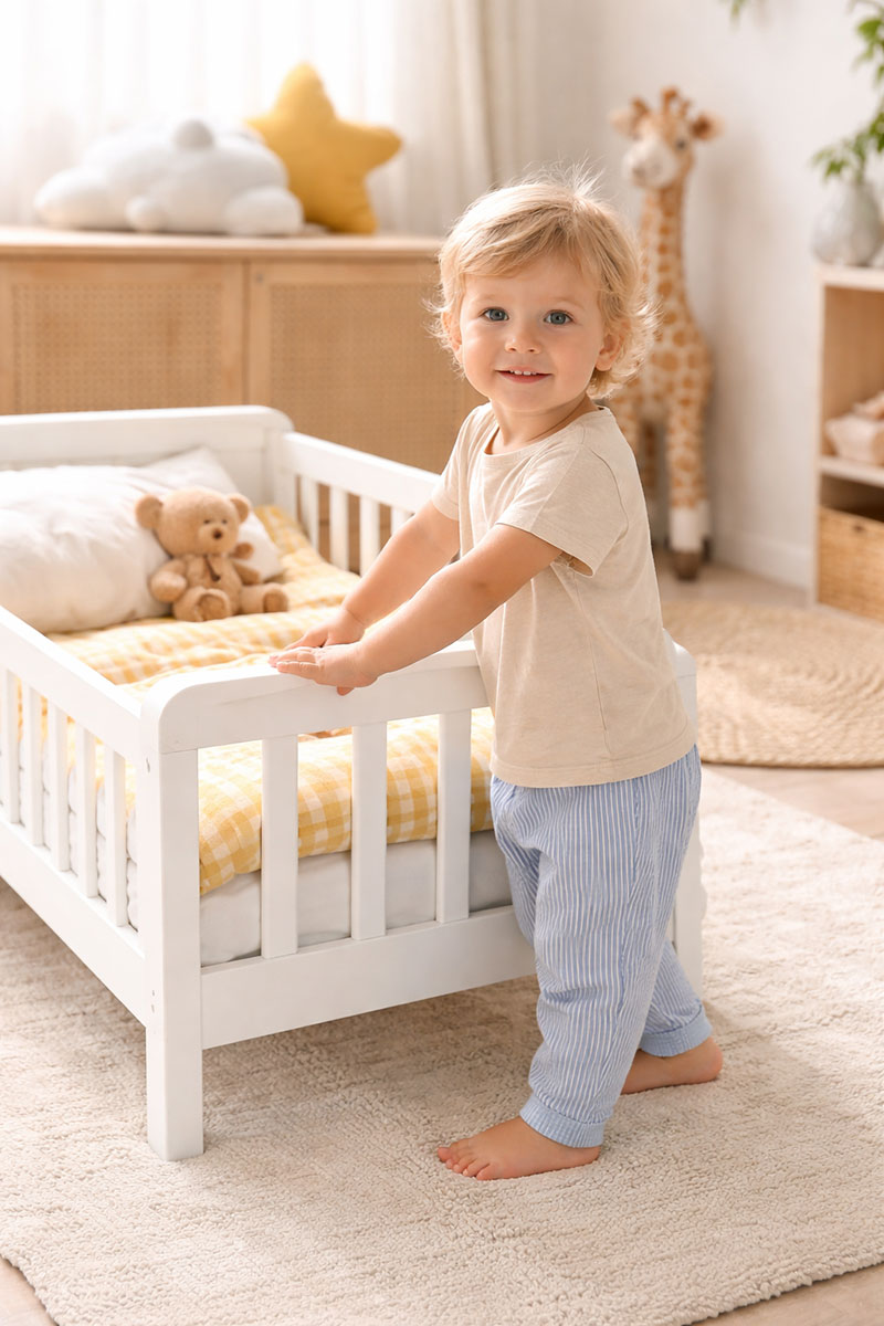 Toddler standing beside a low toddler bed during the crib to toddler bed transition stage