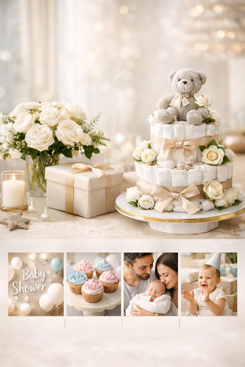 Teddy bear theme diaper cake with stars and ivory roses flowers on baby shower table