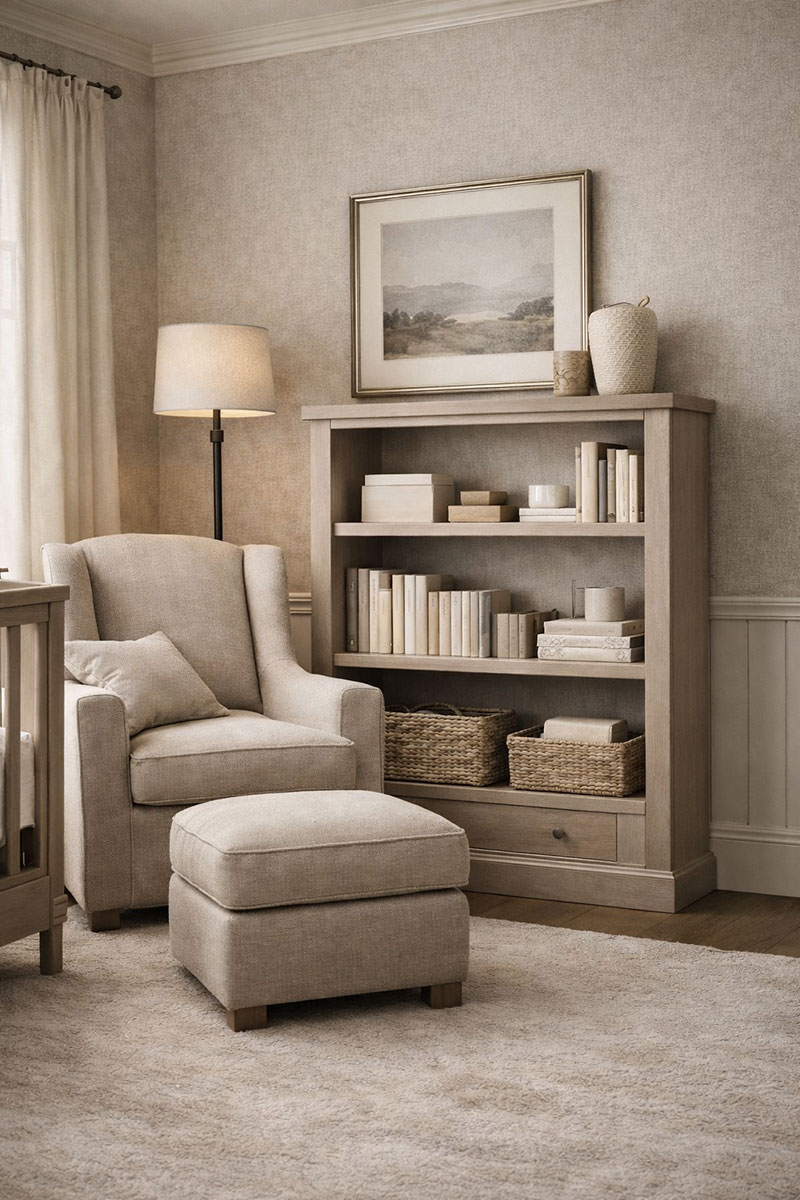 Neutral nursery reading corner with bookshelf placed away from the crib beside a glider and ottoman