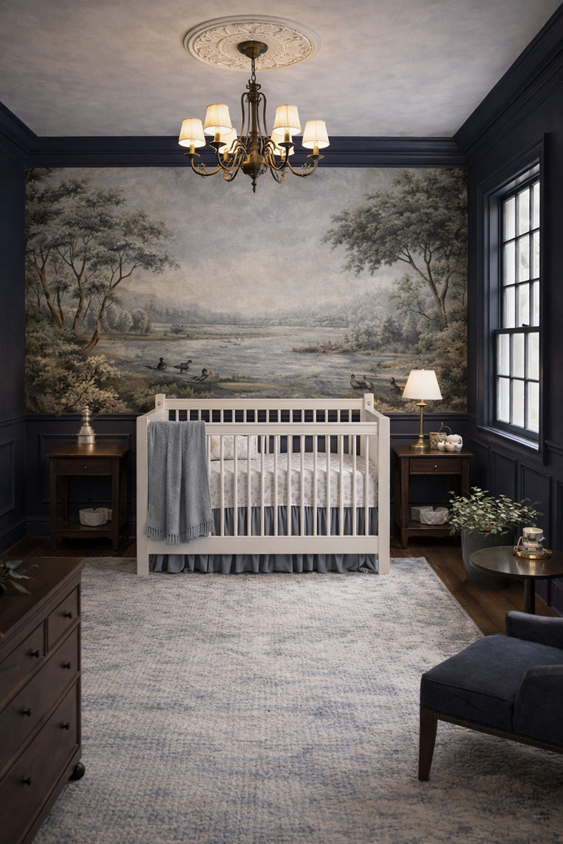 Crib placed safely against interior nursery wall with clear walking space and no window hazards