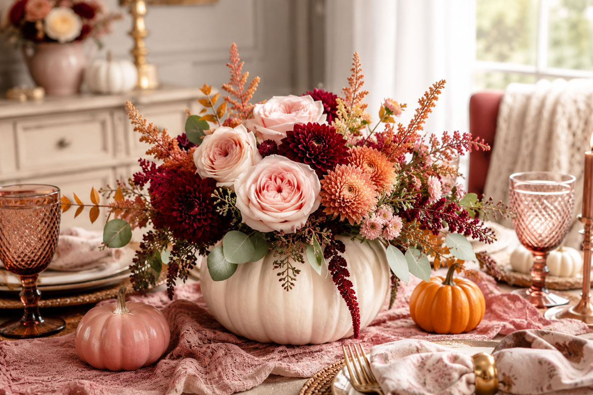 White pumpkin centerpiece with burgundy, dusty pink and rust flowers arranged on a fall celebration table