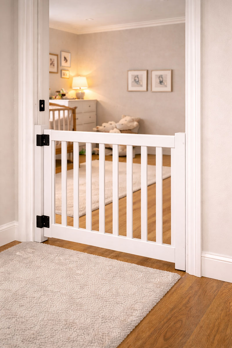 Light painted wood baby gate separating nursery from hallway