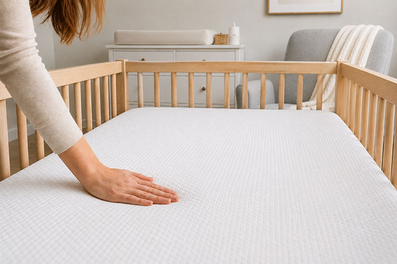Firm crib mattress in a simple nursery showing why crib mattresses feel hard for babies