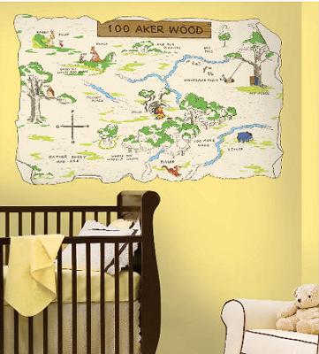 Neutral yellow baby nursery room with a Winnie the Pooh Bear Hundred Acre Wood Map Wall Decal