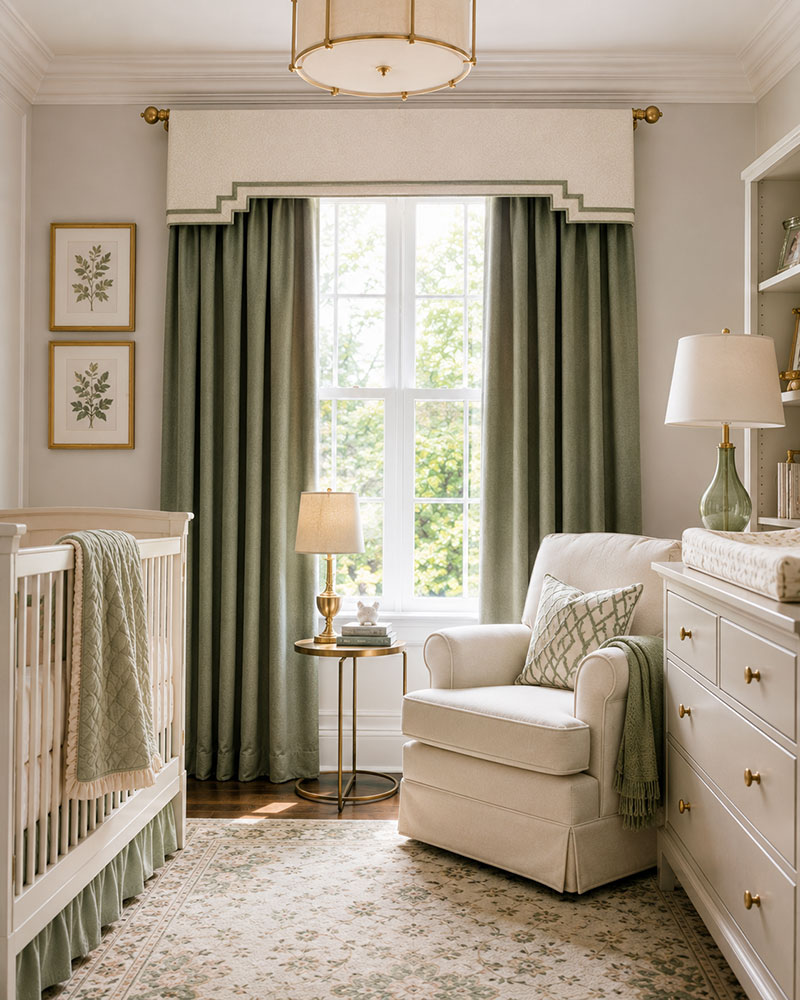Nursery window valance above blackout curtains