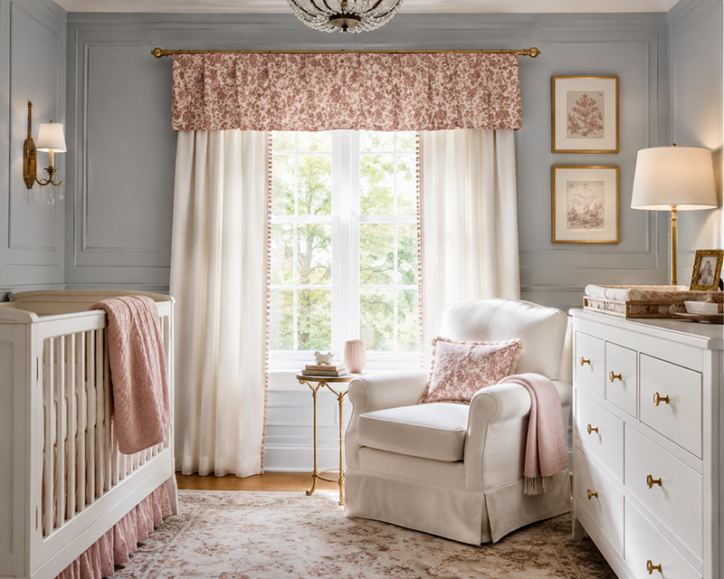 Baby nursery window valance ideas above soft nursery curtains