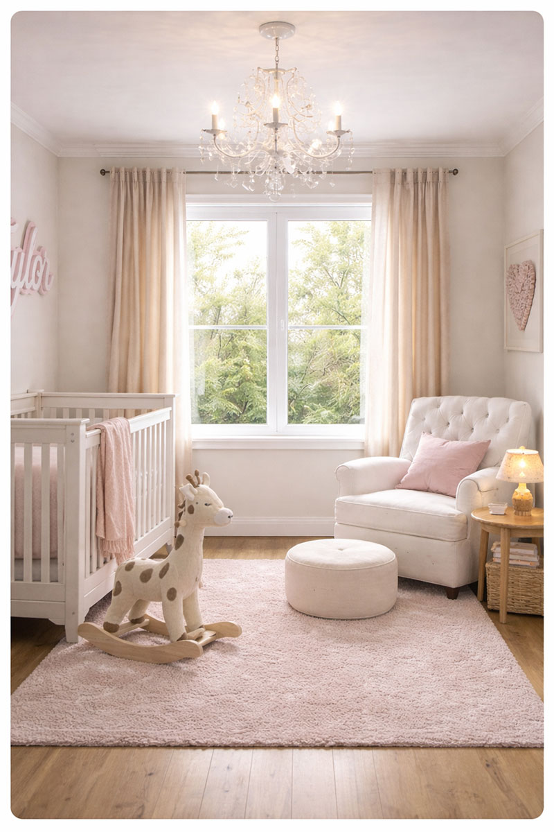Nursery layout with crib on interior wall and window used for light near chair