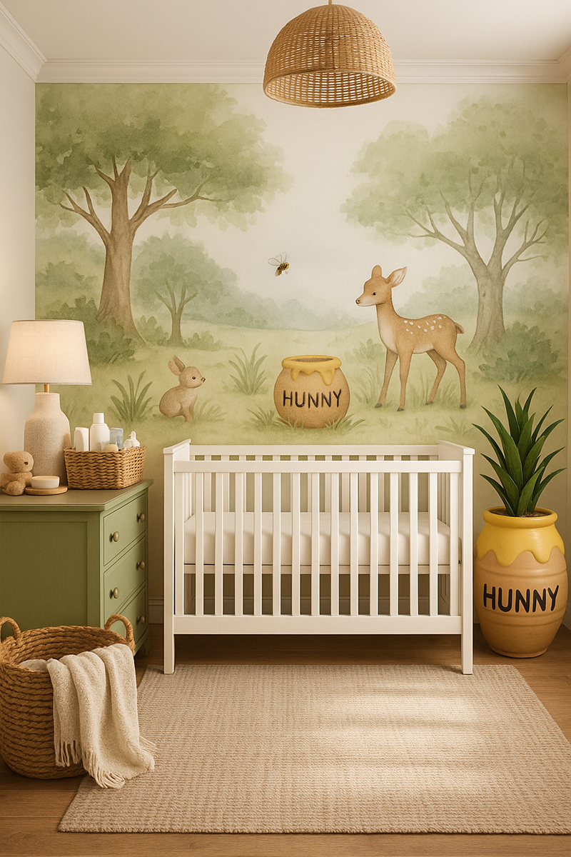Woodland baby nursery wall mural with soft watercolor trees, gentle forest animals, and a honey-themed storybook scene behind a crib