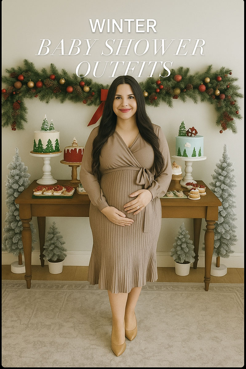 A pregnant woman wearing a taupe knee length maternity wrap dress with crystal pleated skirt and a v neck.  Winter baby shower dessert table decorated with elegant cakes and cupcakes in the festive colors of the season