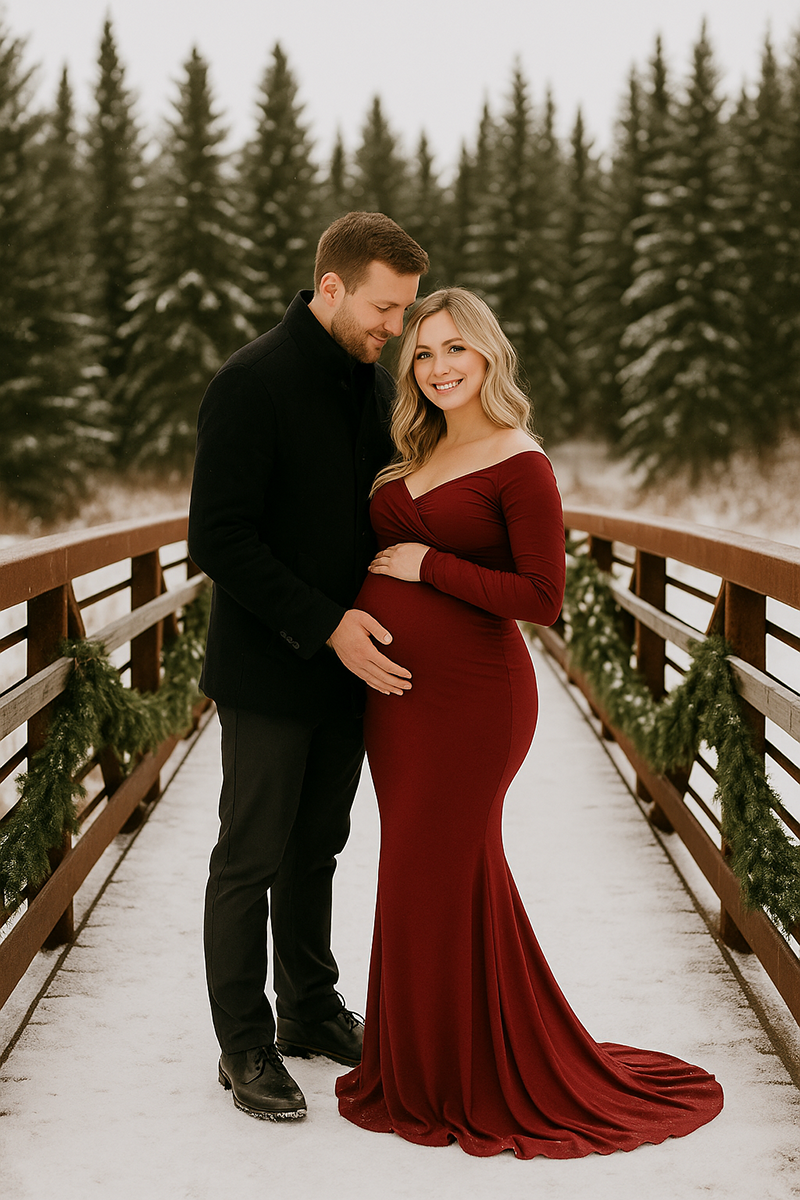 Holiday maternity portrait of a couple on a winter bridge with evergreens in the background.