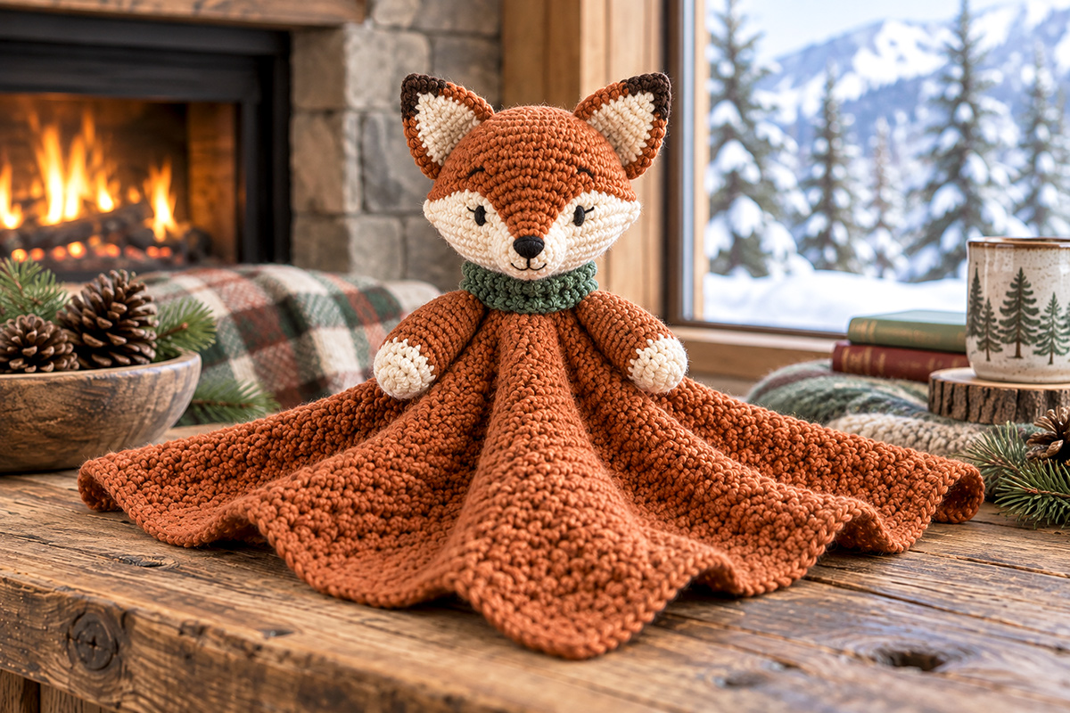 Finished winter fox crochet lovey with burnt rust yarn, cream face details and a draping blanket body