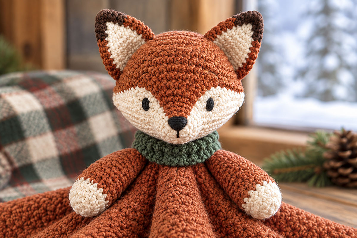 Close view of the winter fox lovey showing its tapered face, embroidered black satin-stitch eyes and fitted forest green crochet cowl