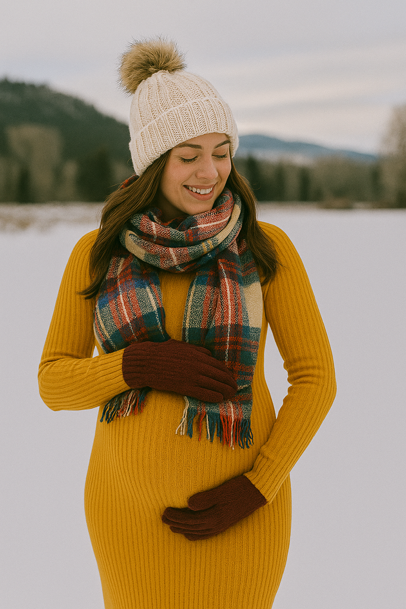 Winter maternity outfit with warm scarf and knit hat during snowy photoshoot